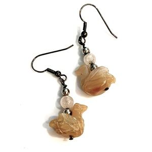 Vintage Mid Century Duck, Carved Mutton Fat Nephrite Jade Earrings